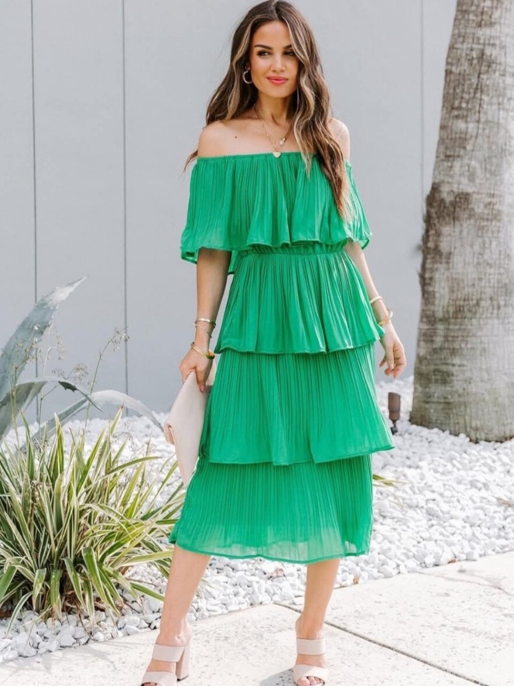 FSL Apparel Off-Shoulder Pleated Tiered Green Midi Dress
